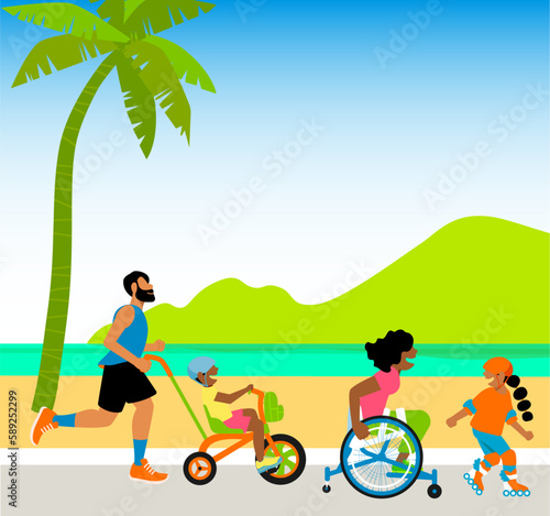 Vetor de mãe cadeirante correndo com família na praia - Família Feliz - Domingo na Praia - Exercícios Físicos em Família - Diversidade de Pessoas - PNE