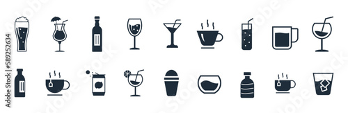 Drink Icons Vector illustration set. Tea, Coffee, Cocoa, Cups, bottle, glass, and more