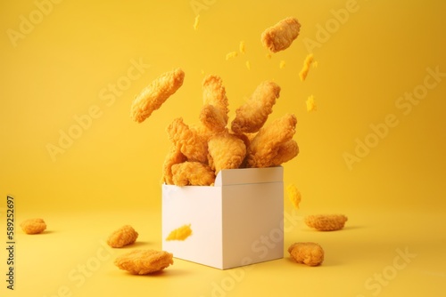 box of chicken isolated on yellow background, splash explosion effect