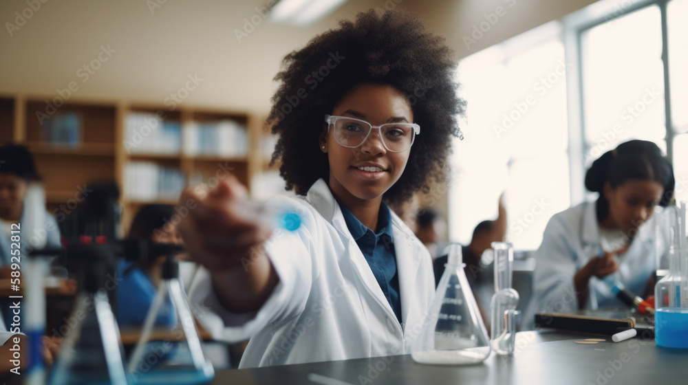 Excited Black Teenage Girl Conducting Science Experiment in High School