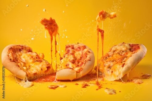 cheezy pizza isolated in a yellow background photo