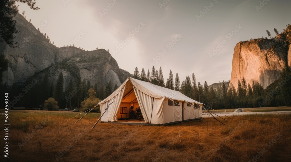 Rustic Tent and Serene Golden Hour at Yosemite National Park: A Wide Shot Editorial Style Photo with Low Camera Angle