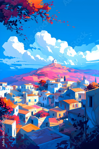 Greece landscape, vibrant colors, hand drawn style illustration, Generative AI