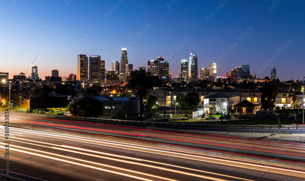Downtown Los Angeles Skyline and 101 Freeway early morning sunrise Blue Hour