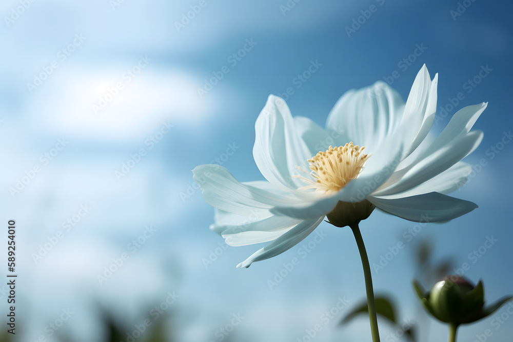Single flower in the soft blue sky. Generative ai. Single flower in the soft blue sky. Generative ai.