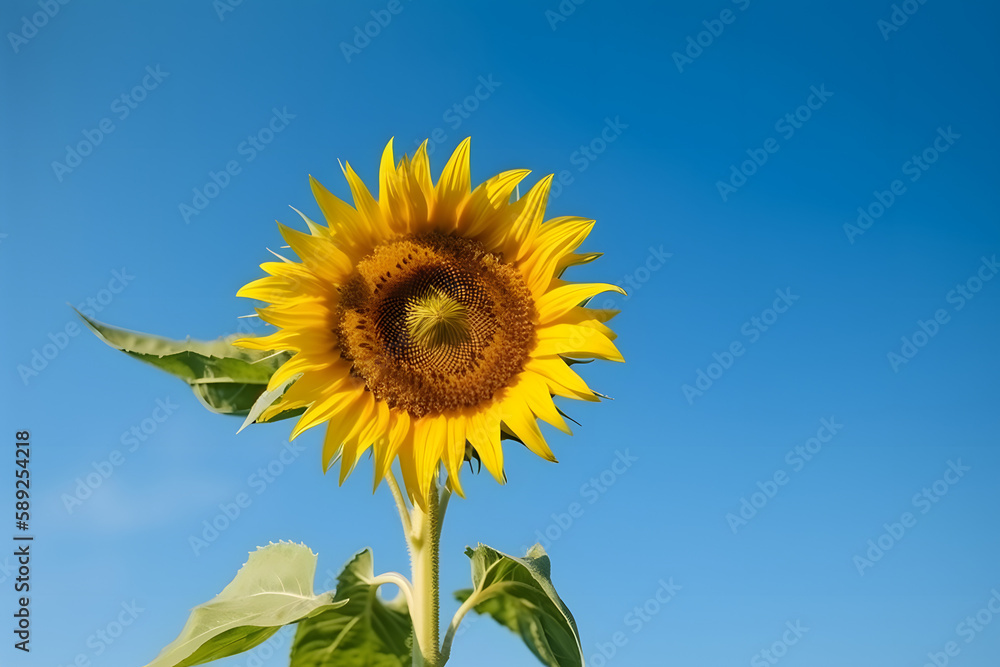 Single flower in the soft blue sky. Generative ai. Single flower in the soft blue sky. Generative ai.