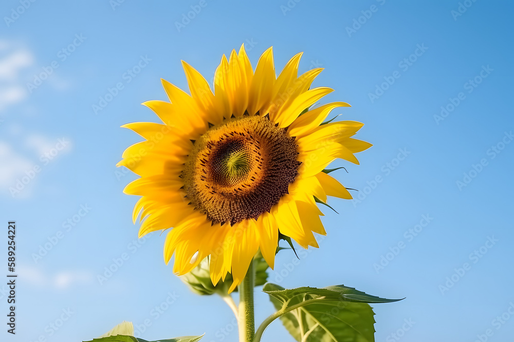 Single flower in the soft blue sky. Generative ai. Single flower in the soft blue sky. Generative ai.