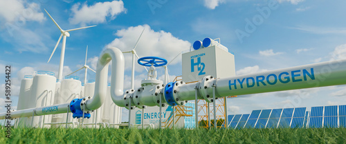 hydrogen pipeline of energy sector towards to ecology,carbon credit,Clean Energy,secure,carbon neutral,transformation,solar,power plant and energy sources balance to replace natural gas.3d rendering. photo