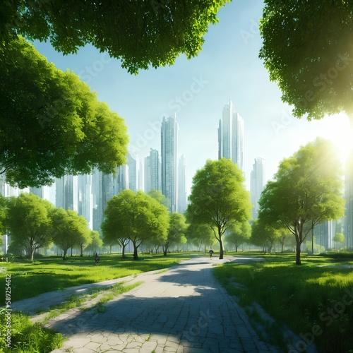 landscape view of future city with eco green park, generative art by A.I. © Pathompong