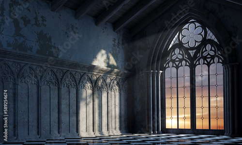 Abandoned castle with a large gothic window sunset rays