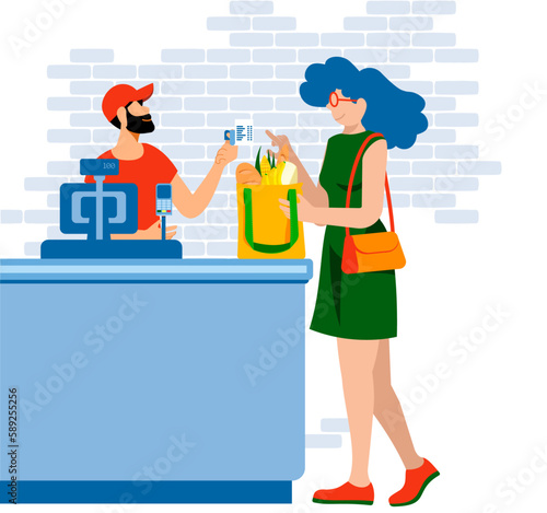vector image of a blue-haired lesbian woman paying for purchase at the checkout with credit card  