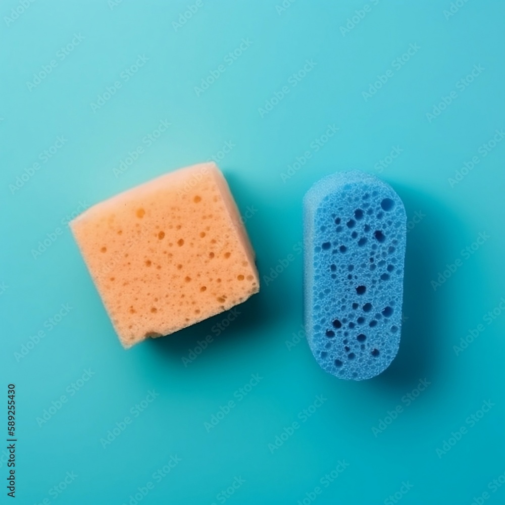 Colorful Sponges and Soapy Foam on a Light Blue Background, cleaning service, cleaners Colorful Sponges and Soapy Foam on a Light Blue Background, cleaning service, cleaners