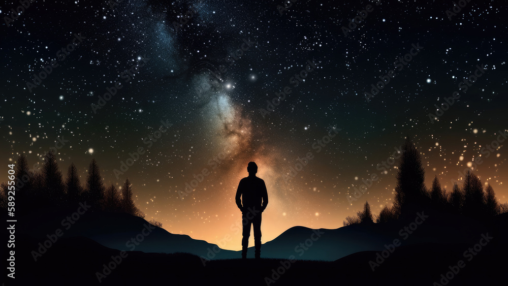 silhouette of a person gazing up at the night sky, where a UFO can be seen in the distance, world UFO day concept (created with Generative AI)