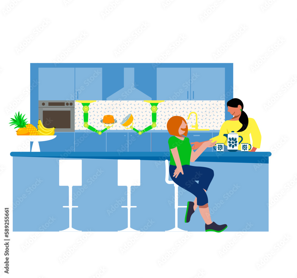 Celebrating Diversity in Everyday Life - Contemporary Kitchen Experience: Two Women Seated at a Robotic Counter
