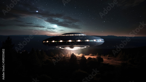 silver flying saucer hovers above a dark, starry sky, its bright lights casting a glow on the landscape below, world UFO day concept (created with Generative AI)