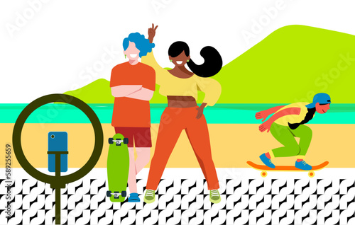 Dia a dia Inclusivo - Vetor de casal LGBTQ  fazendo self no calçadão da praia - Mulheres fazendo self na praia - Amigas lésbicas