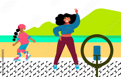 Dia a dia Inclusivo - Vetor de mulher fazendo self no calçadão da praia photo
