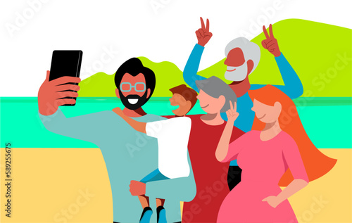 inclusive daily life - Interracial Family Vacation: Grandparents, Parents, Children, and Grandchildren Taking a Selfie with a Famous Landmark on the Beach