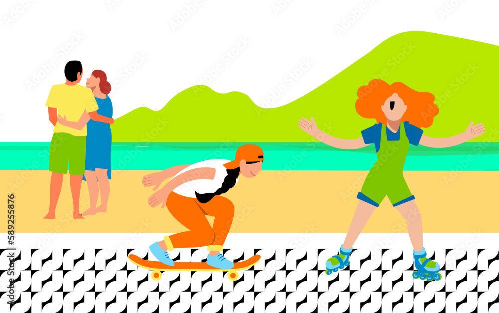  Dia a dia Inclusivo -Vetor de casal de idosos apaixonados e abraçados contemplando o mar e meninas brincando no calçadão da praia e praticando esportes 