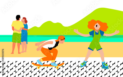  Dia a dia Inclusivo -Vetor de casal de idosos apaixonados e abraçados contemplando o mar e meninas brincando no calçadão da praia e praticando esportes  photo