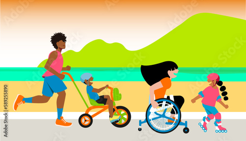 Dia a dia Inclusivo - Vetor de mãe cadeirante correndo e se divertindo com família na praia - Diversidade - 