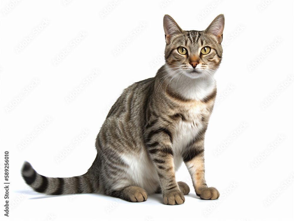 Very cute young bicolor cat, sitting straight. Happy cute cat on white background. Looking annoyed to camera with green eyes. Isolated on white background. Generative AI.