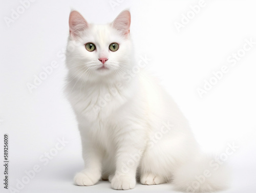 Very cute young bicolor cat, sitting straight. Happy cute cat on white background. Looking annoyed to camera with green eyes. Isolated on white background. Generative AI.