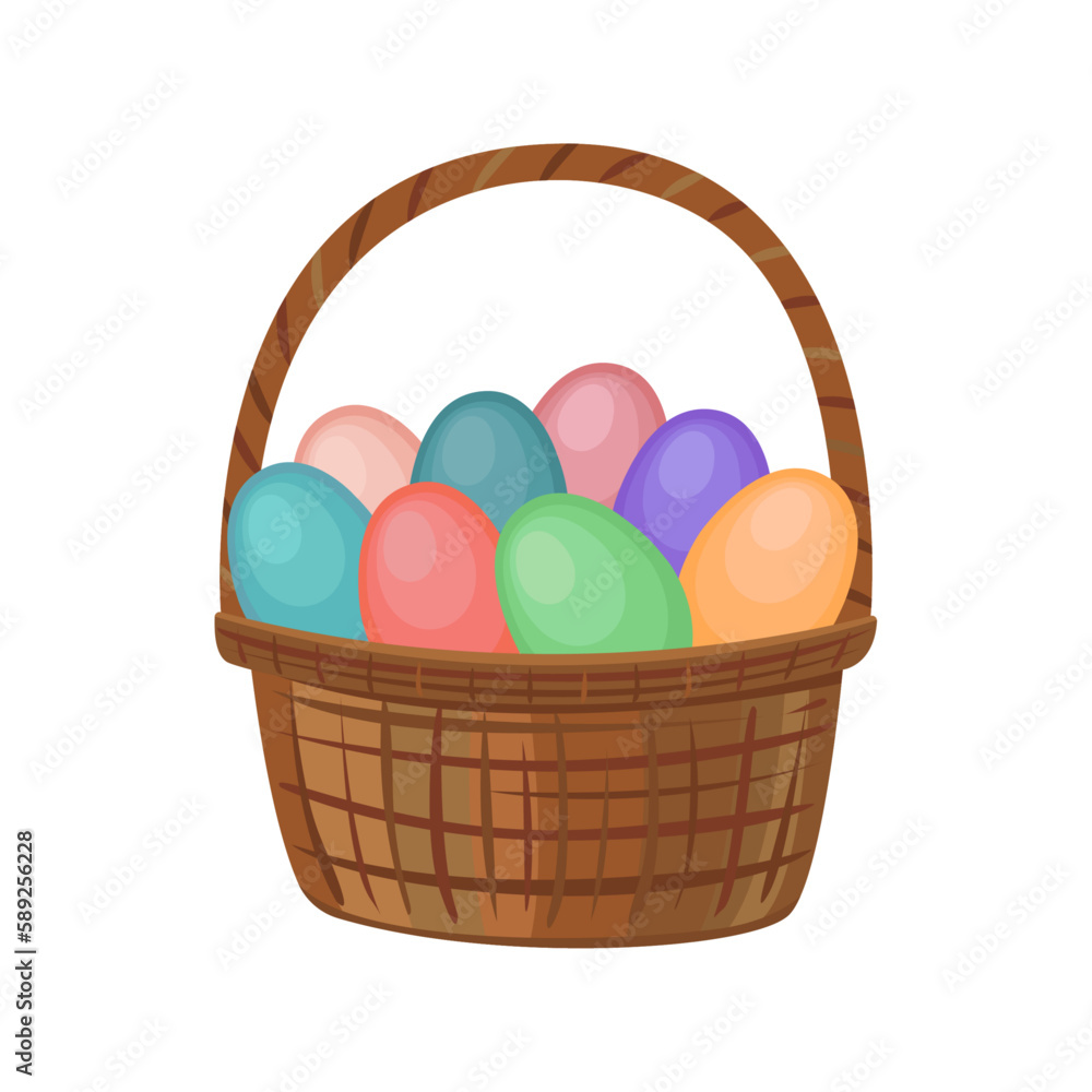 Fototapeta premium Happy Easter. Basket with colorful Easter eggs. For postcards, banners, flyers