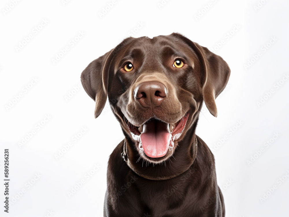 Happy puppy dog smiling on isolated white background. Studio shot dog. Generative AI.