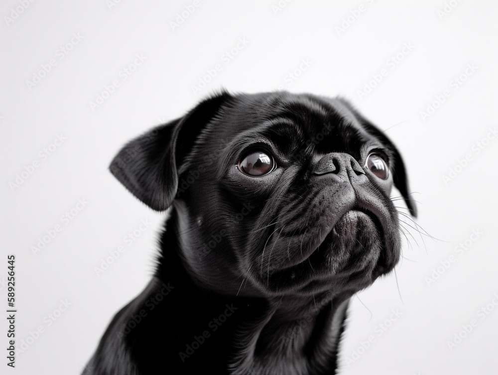 Close up portrait cute black pug dog on isolated white background. A beautiful dog photo. Generative AI.