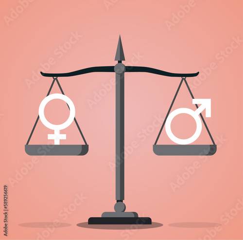 A scale that weighs male and female symbols equally. concept of gender equality