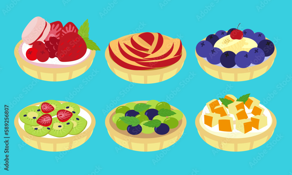A series of mixed fruit tart in cute flat color style vector SET2 A series of mixed fruit tart in cute flat color style vector SET2