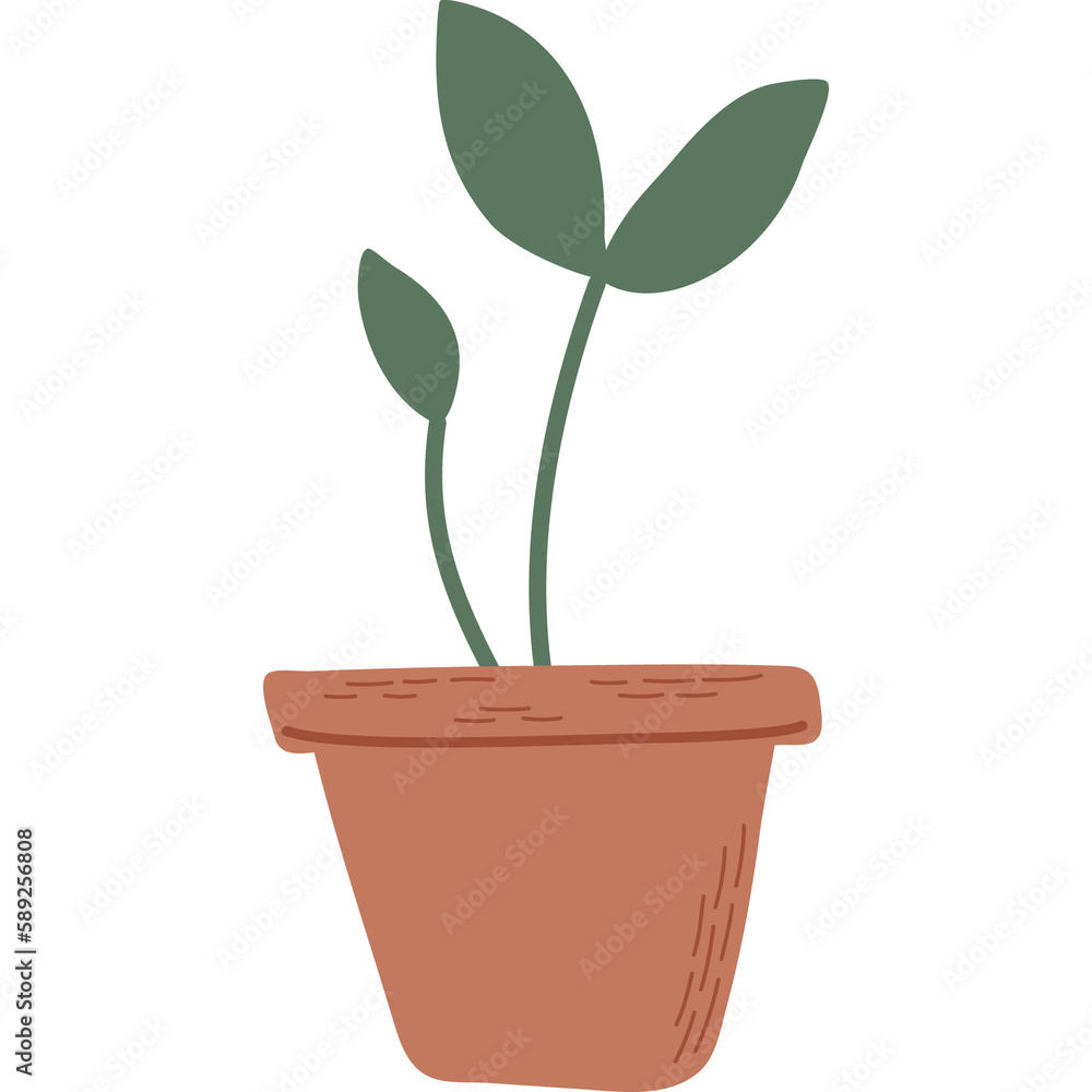 Flowerpot with sprout.Simple plant with green leaves in brown pot. Green sprouts growing out from soil. Hand drawn vector illustration. Flowerpot with sprout.Simple plant with green leaves in brown pot. Green sprouts growing out from soil. Hand drawn vector illustration.
