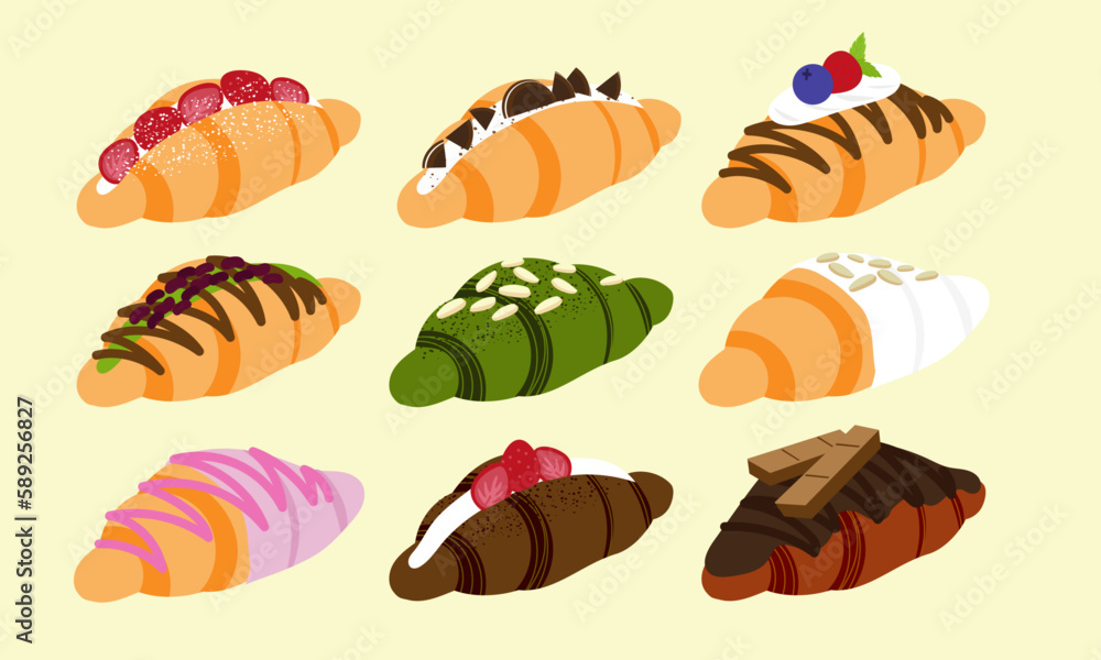 A series of mixed flavor croissant in cute flat color style vector