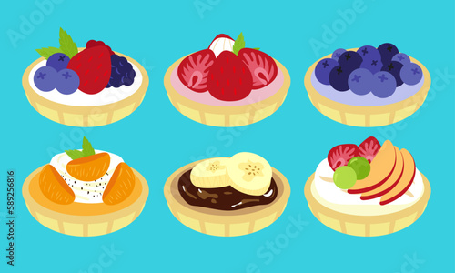 A series of mixed fruit tart in cute flat color style vector