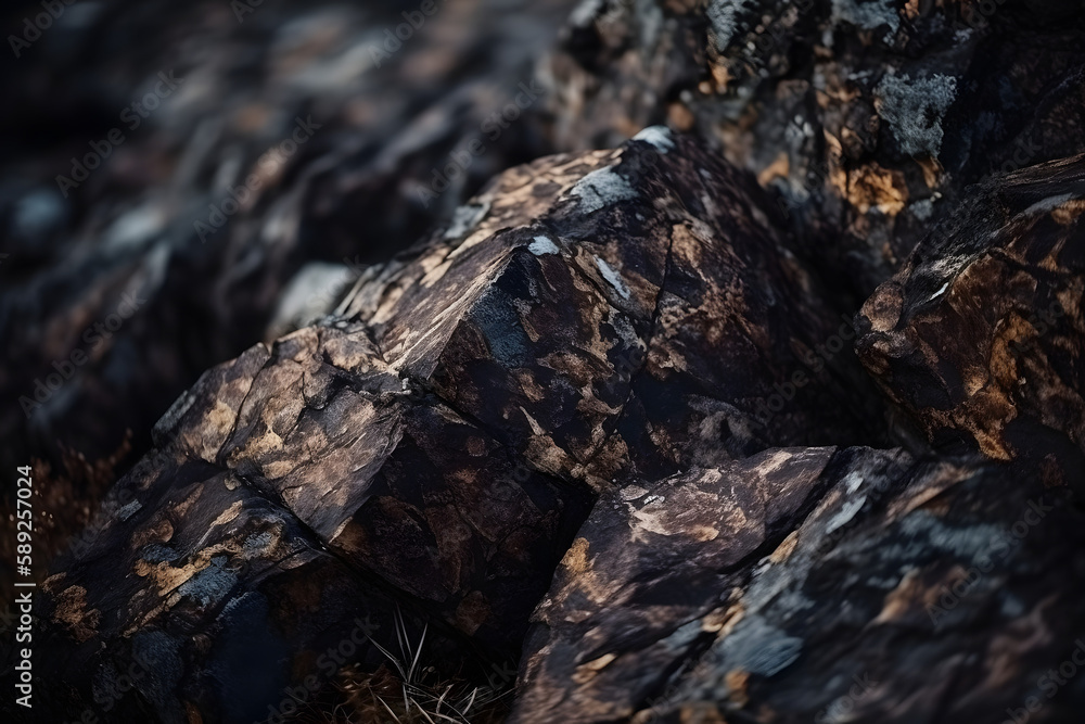 Brown rock texture close-up with cracks. Rough mountain surface. Stone granite background for design and nature. Generative ai. Brown rock texture close-up with cracks. Rough mountain surface. Stone granite background for design and nature. Generative ai.