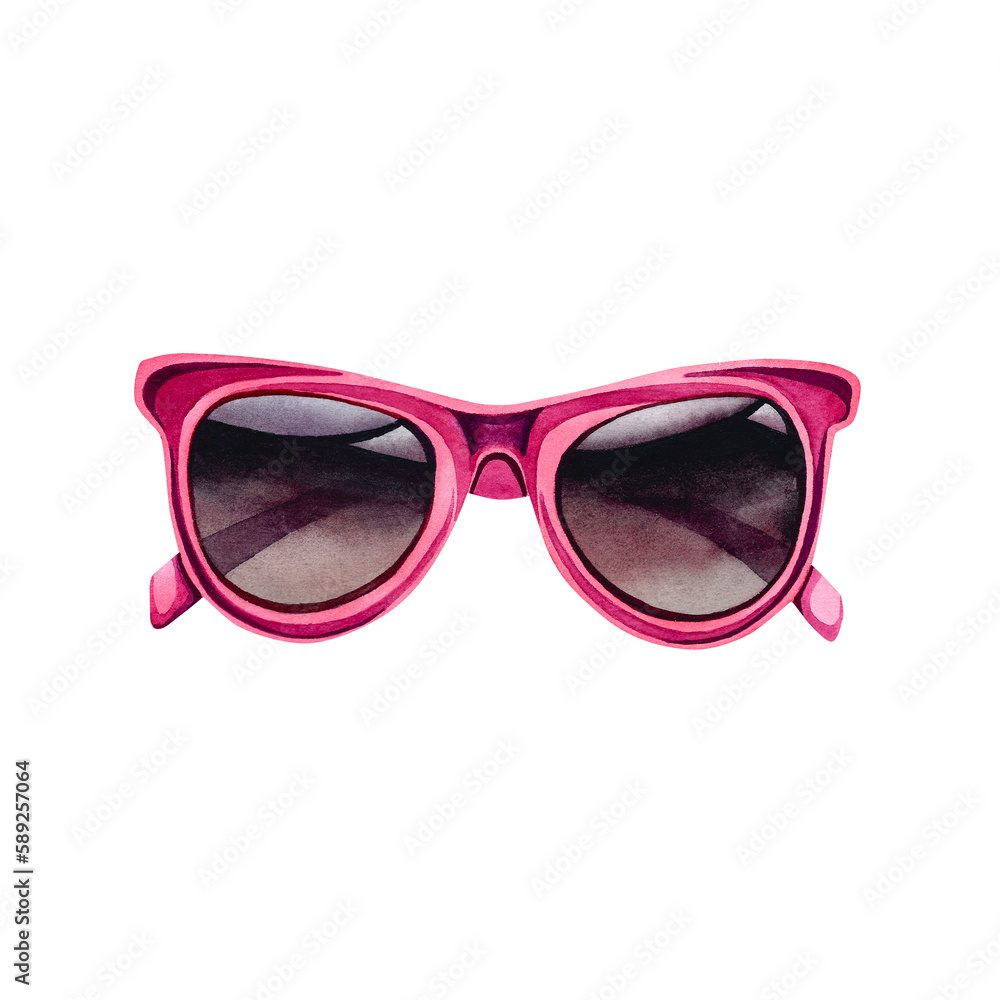 Pink sunglasses. Watercolor illustration on an isolated background. A stylish accessory. Beauty and fashion. Pink sunglasses. Watercolor illustration on an isolated background. A stylish accessory. Beauty and fashion.