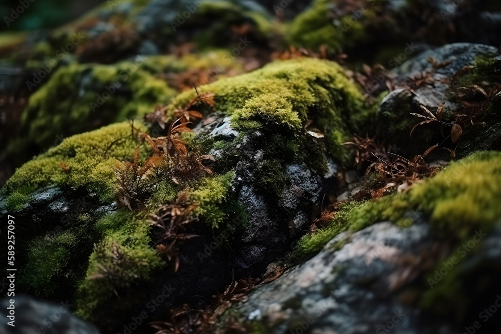 Brown rock texture close-up with cracks. Rough mountain surface. Stone granite background for design and nature with moss. Generative ai. Brown rock texture close-up with cracks. Rough mountain surface. Stone granite background for design and nature with moss. Generative ai.