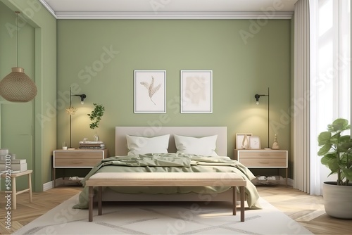 green bedroom hotel room bedsit design idea   Home interior background, cosy green bedroom with bright furniture natural wooden tables, modern style, 3d render, Generative AI © Azar