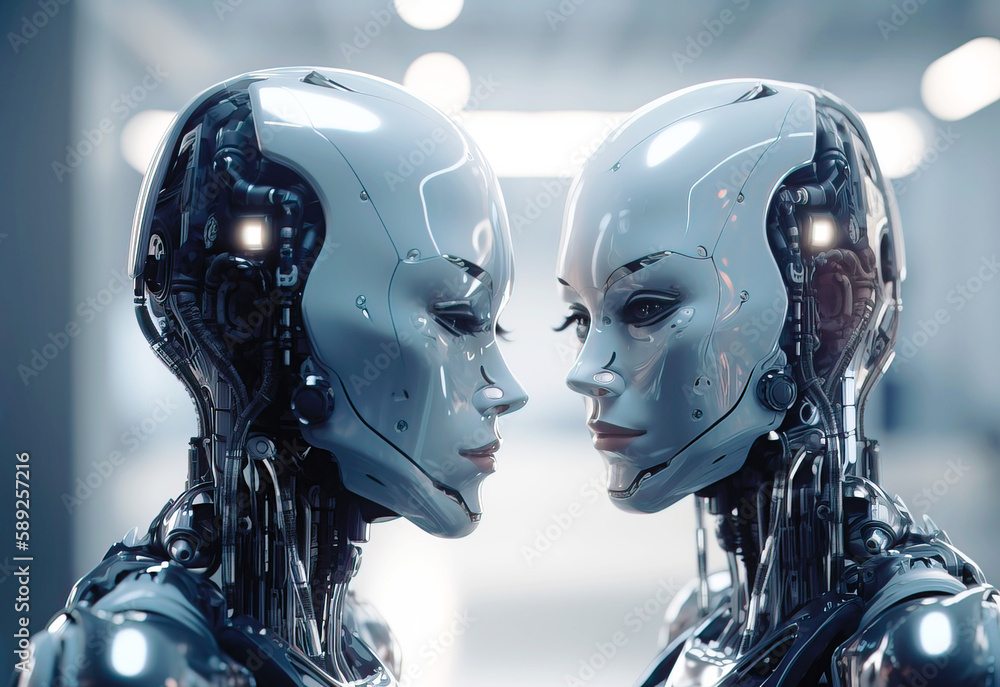 Illustration of a Lesbian cyborg couple in a very intimate and sensual way. Robot love, Generative AI Illustration of a Lesbian cyborg couple in a very intimate and sensual way. Robot love, Generative AI