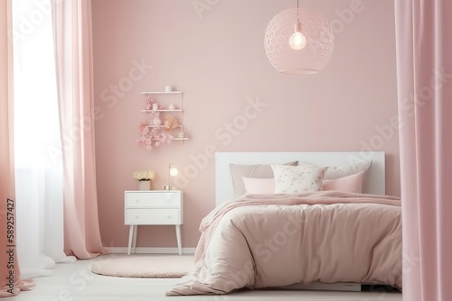 Bedroom Mock-up with Pink Colour Scheme   Wooden armchair on patterned carpet in pink bedroom interior with flowers next to bed   Bedroom Mock-up with Green Colour Scheme  Generative AI