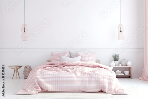 Bedroom Mock-up with Pink Colour Scheme   Wooden armchair on patterned carpet in pink bedroom interior with flowers next to bed   Bedroom Mock-up with Green Colour Scheme  Generative AI