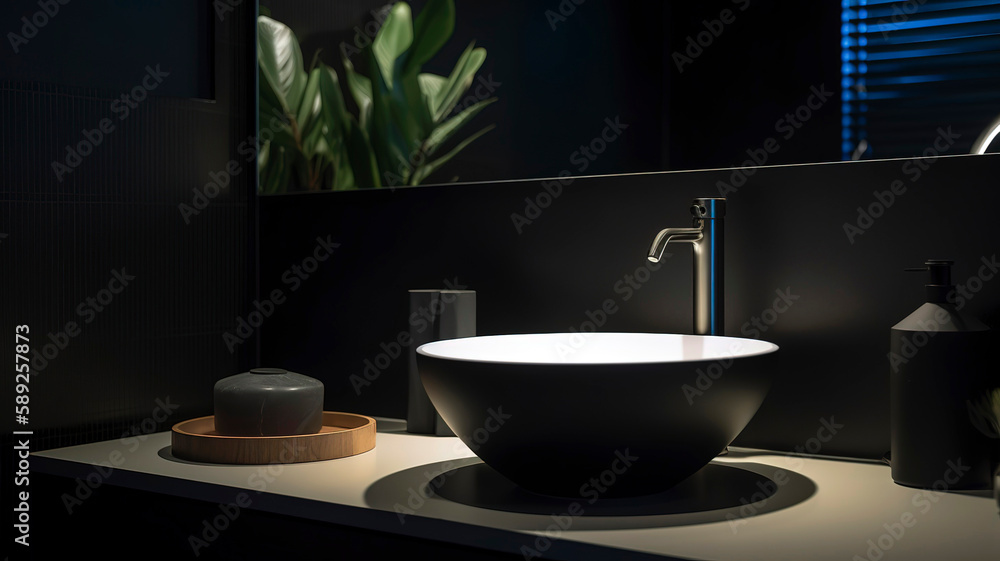 Modern and sleek bathroom with a design sink, a mirror, and a lamp. artificial light coming from the lamp.