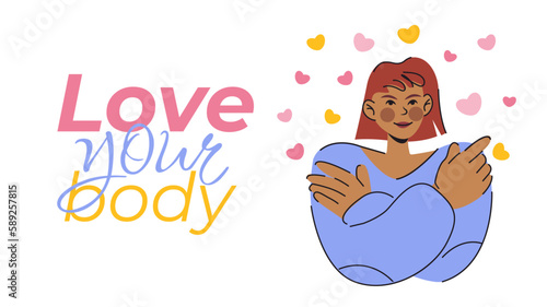 Self love concept, woman hugging herself. Love your body horisontal baner vector illustration