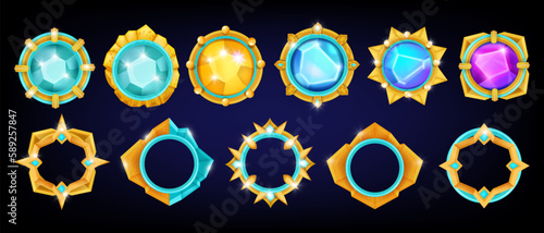 Game avatar frame set, vector level up medieval RPG round ranking award, UI circle badge jewel. Fantasy 3D crystal rings, winner reward asset kit, GUI metal circular border. Game frame template