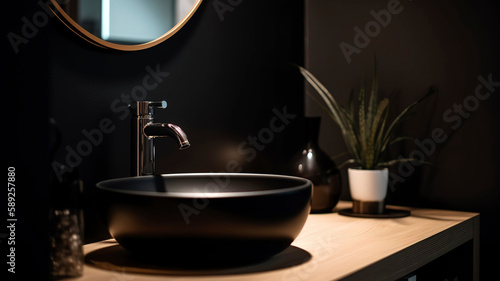 Modern and sleek bathroom with a design sink, a mirror, and a lamp. artificial light coming from the lamp.