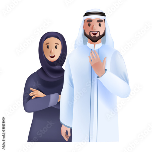 3D Arab family, vector muslim love couple, male Emirates character, happy female cartoon avatar. Woman abaya portrait, man in traditional ethnic white clothes, Arabic person. Arab family illustration