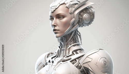 Robot woman on white background. Generative AI.