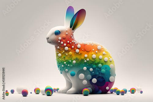 fantasy abstarct design amazing 3d Easter bunny and ornated painted rainbow colourd egg on white background. Happy Easter magical,generative ai. photo