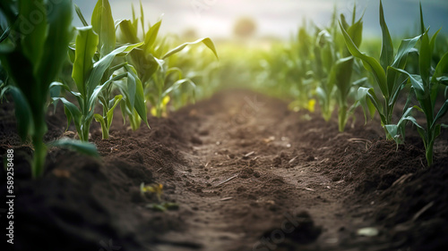 Organic maize farm or corn field seeding and plantign agriculture, sweet corn garden farmland , field in countryside plantation.